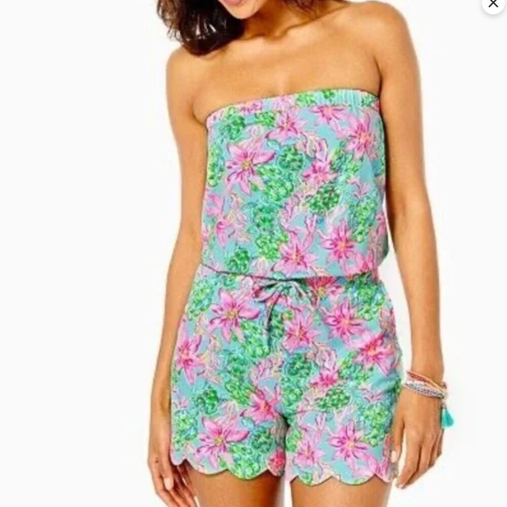 Jace Floral Strapless Romper with Pockets Lilly Pulitzer Surf Blue So Shellegant